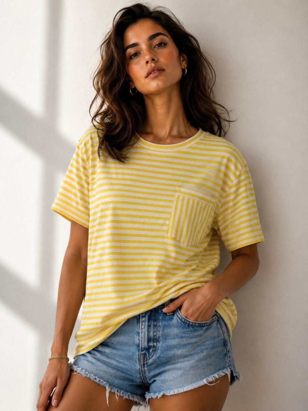 Universal Thread Boxy Tee Yellow Stripe Cotton Crewneck T Shirt Size S NWT